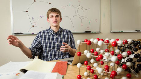 Senior Brian Shoemaker is working with physics professor Timo Thonhauser on a summer research project to improve fuel cell technology for automobiles.