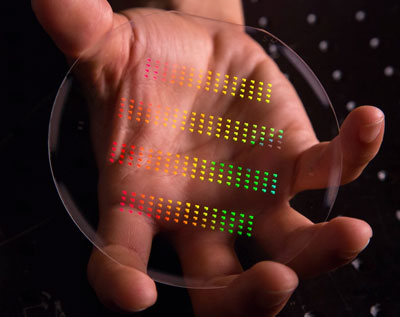 nanoscale patterns on a chip gleam in rainbow colors