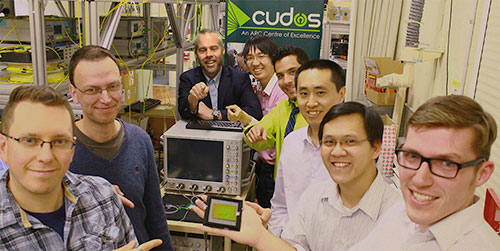 The CUDOS research team at the University of Sydney: (L to R) Dr Alex Clark, Michael Steel, Professor Benjamin Eggleton, Jiakun He, Shayan Shahnia, Dr Chunle Xiong, Trung Vo and Matthew Collins