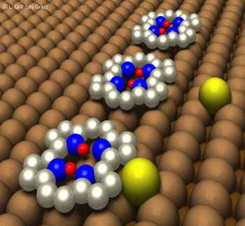 Two protons (red) in a porphycene molecule deposited onto the surface of a perfect copper crystal