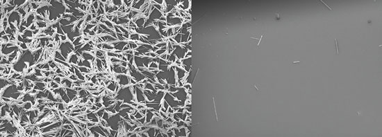 >A comparison between an untreated smooth surface (left) and lubricant-impregnated surface