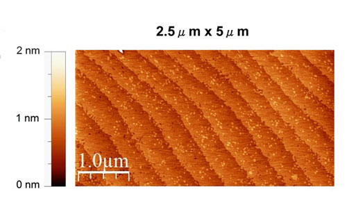 Surface topography of a 200 nanometer thick strontium titanate/ calcium titanate superlattice film on a strontium titanate substrate