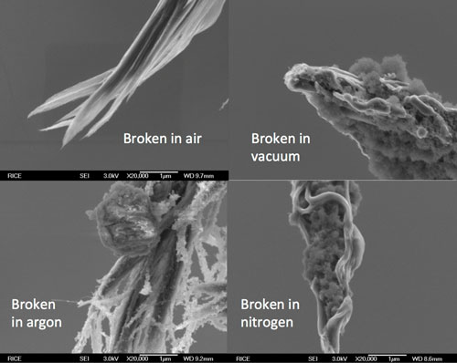 Scanning electron microscope images show carbon nanotube fibers