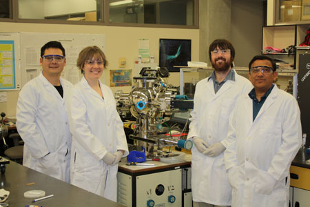 University of Utah materials scientist Ashutosh Tiwari and his doctoral students Gene Siegel, Megan Campbell Prestgard, and Shiang Teng