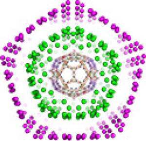 This image shows a virus nested within fullerene cages called carbon onions.