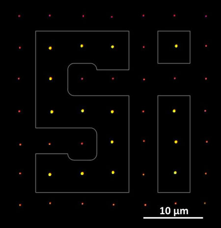 Laser-printed silicon nanoparticles in amorphous (red) and crystalline phase (yellow)