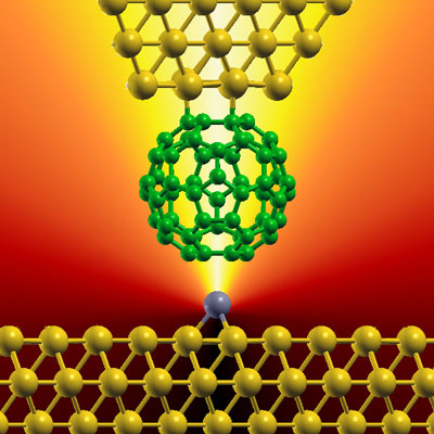 electric connection between a carbon-based buckyball molecule and a single metallic atom