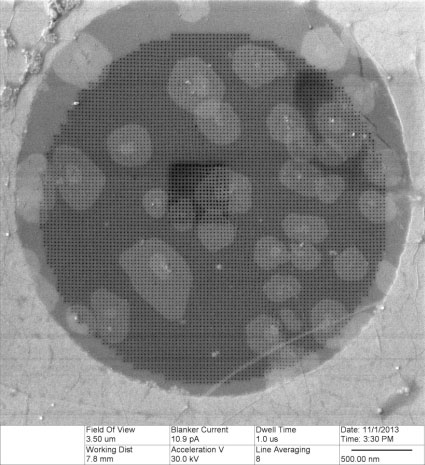 >Scanning electron microscope (SEM) image of a perforated graphene membrane