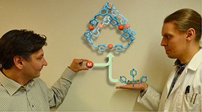 Manu Lahtinen (left) and Anssi Peuronen demonstrate a self-assembly process leading to a molecular cage