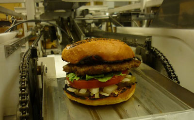 hamburger on assembly belt