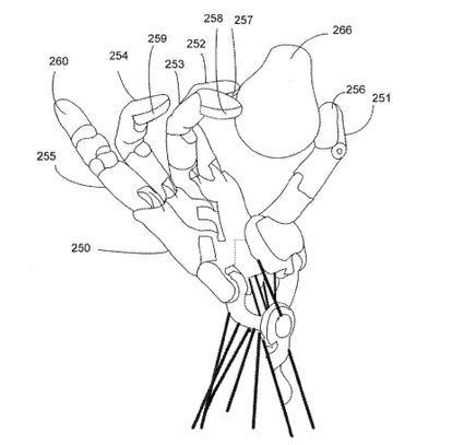 schematic depiction of a robotic hand using sensor fabric patches on its finger tips for touch sensing