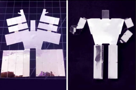 The left image shows the self-folding sheet for a humanoid shape while the right image shows the completed self-folded humanoid shape