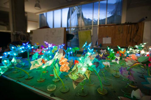 A robotic garden demonstrates distributed algorithms via more than 100 origami robots