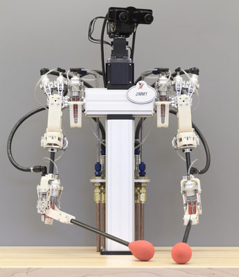 hydrostatic transmission that combines hydraulic and pneumatic lines can safely and precisely drive robot arms