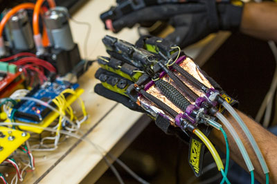 One of the glove's key components are soft robotic muscles