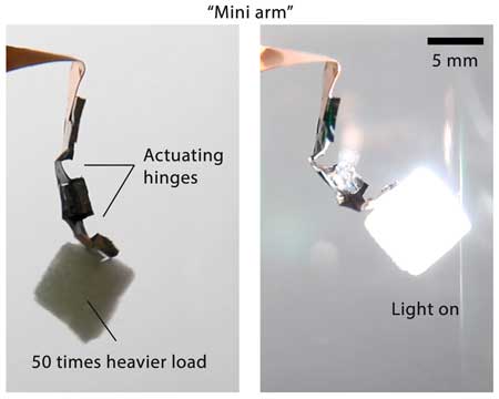 A mini arm with two actuating hinges lifting a weight 50 time heavier than itself under light