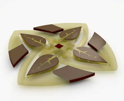3D-printed floating water lilies with petals equipped with arrays of actuators and hinges that fold up in response to magnetic fields run through conductive fluids