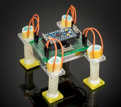 Electrically controlled, untethered soft robot built out of four soft tubular actuators, a microcontroller and battery