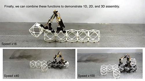 Experiments demonstrating relative robotic assembly of 1D, 2D, and 3D discrete cellular structures