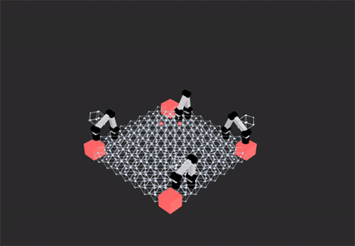 Computer simulation shows a group of four assembler robots at work on building a three-dimensional structure