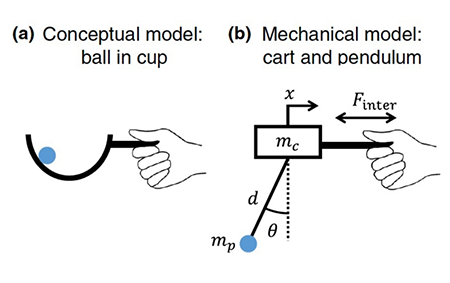 A schematic illustration of the cart-pendulum system to simulate a human’s handling of a complex object, such as a cup of hot coffee