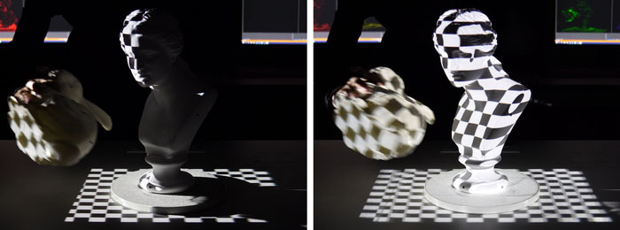 Comparison of projection mapping results using a single projector and a multi-projector system