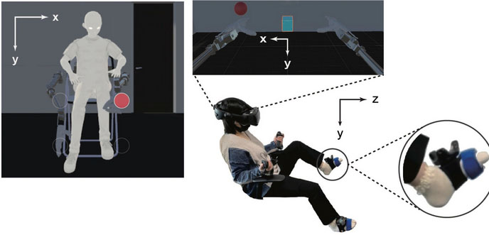 A user manipulates the supernumerary robotic arms using their feet in a virtual environment