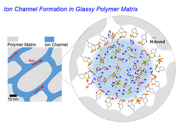 Ion channel formation in glassy polymer matrix
