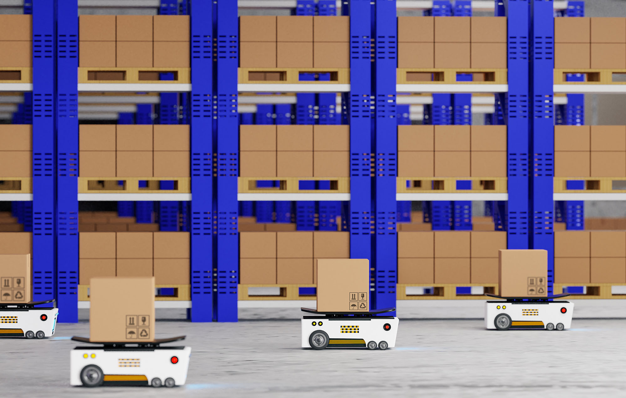 An illustration of autonomous robots working in a warehouse