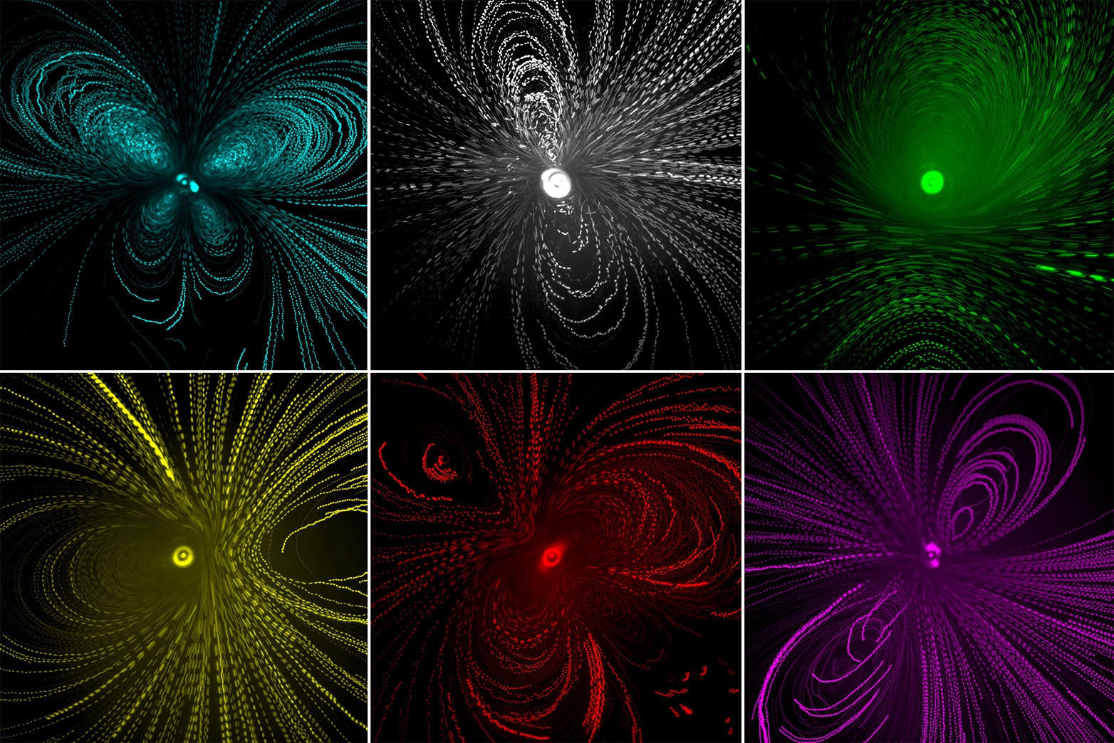 Six vortex patterns in different colors (top from left to right: blue, white, green; bottom from left to right: yellow, red, magenta