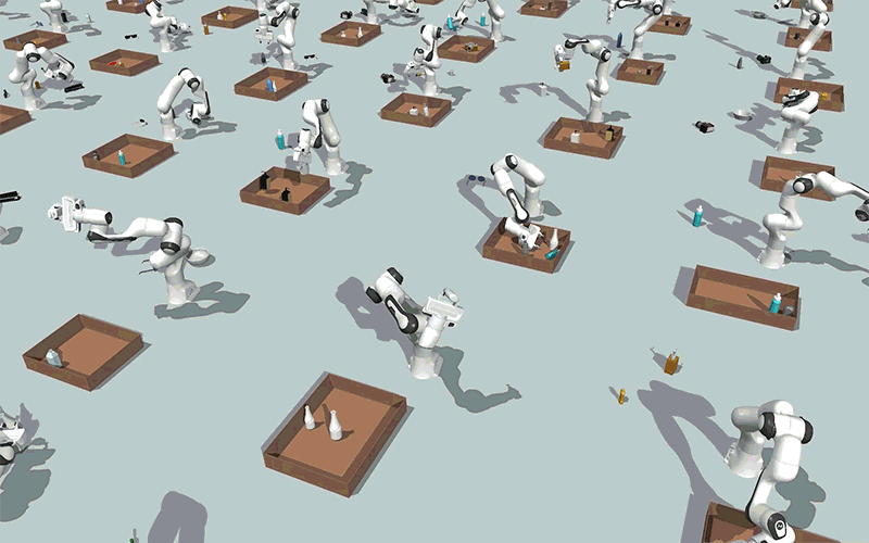 Animation of grid of robot arms with a box in front of each one. Each robot arm is grabbing objects nearby, like sunglasses and plastic containers, and putting them inside a box.