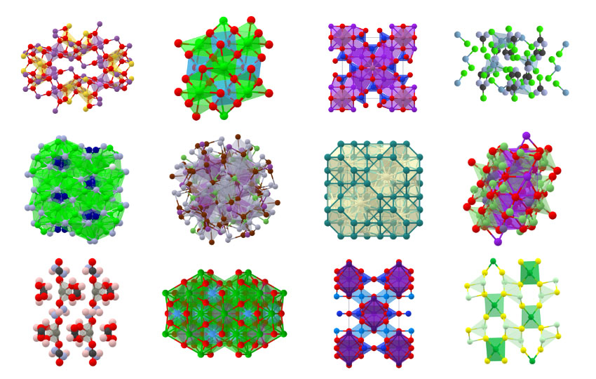 This image shows the structures of 12 compounds in the Materials Project database