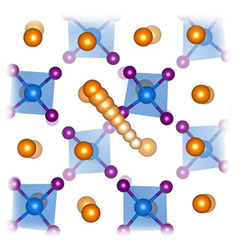 Mobile ions (in orange) move through the atomic structure of a sodium solid electrolyte material