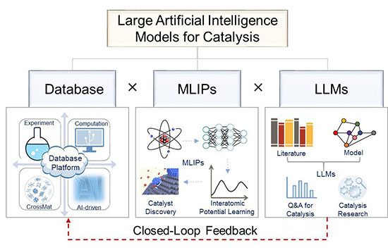 AI-empowered catalysis research via integrated database platform, universal machine learning interatomic potentials, and large language models