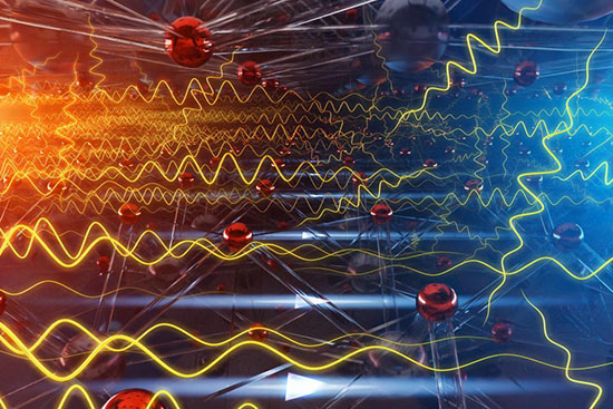 Yellow waves show propagating atomic vibrations
