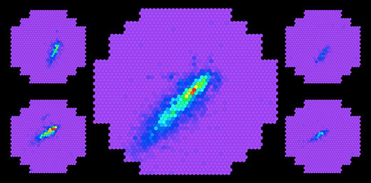 Images of particle cascades viewed simultaneously by the H.E.S.S. II telescope and by the H.E.S.S. I telescopes