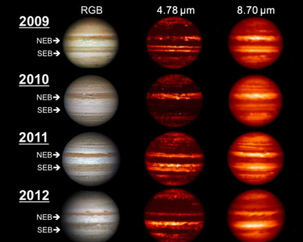 Images in the visible-light and infrared parts of the spectrum highlight the massive changes roiling the atmosphere of Jupiter
