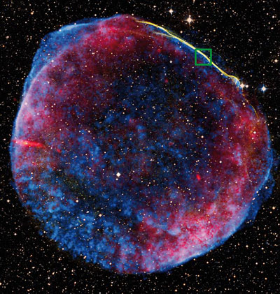 A composite image of the supernova remnant SN 1006 combining data from different wavelengths