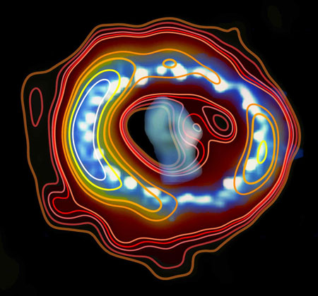 An overlay of radio emission (contours) and a Hubble space telescope image of Supernova 1987A