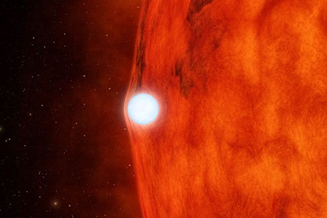 a white dwarf crossing in front of a small, red star