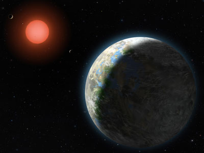 A planet with clouds and surface water orbits a red dwarf star in this artist’s conception of the Gliese 581 star system