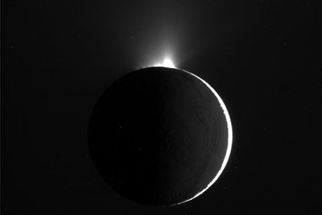 plume spewing from the south pole region of Saturn moon Enceladus