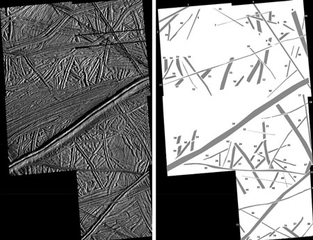 side-by-side image showing image (left) and simplified diagram (right) of cracks on Europa surface