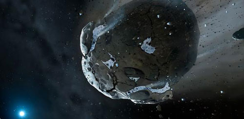 Artist impression of a rocky and water-rich asteroid