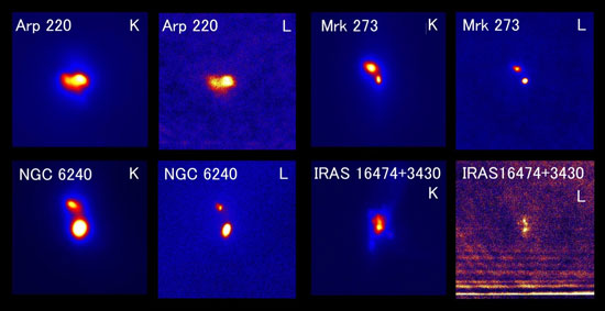 Infrared K-band and L’-band images of four luminous, gas-rich, merging galaxies