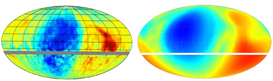 Cosmic ray intensities (left) compared with predictions (right) from IBEX