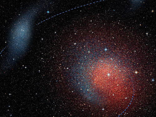 Artist's impression of the merger between two smaller dwarf galaxies