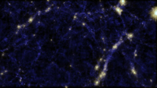 A simulation of the ‘Cosmic Web’ showing clusters of galaxies and a void in the middle of the image