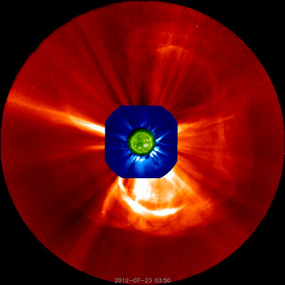 This image combines data from two coronagraphs and an extreme ultra-violet imager (green) on STEREO A