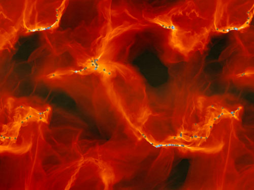 simulation shows star formation in a turbulent gas cloud
